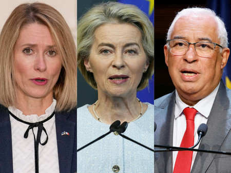 ポルトガルのコスタ前首相（右）、欧州連合（ＥＵ）のフォンデアライエン欧州委員長（中央）、エストニアのカラス首相（ＡＦＰ時事）
