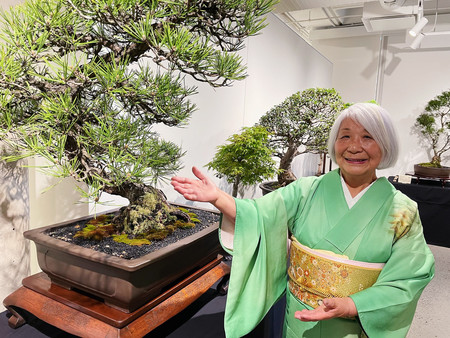 １４日、オーストラリア・シドニーの植物園で松の盆栽について説明するベネットめぐみさん