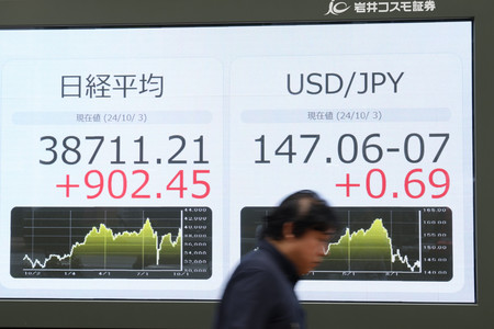 日経平均株価と円相場を示すモニター＝３日午前、東京都中央区