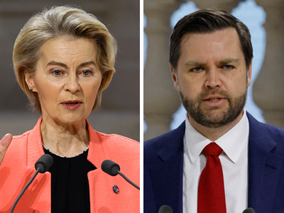 欧州連合(EU)のフォンデアライエン欧州委員長(写真左、EPA時事)とバンス米副大統領(AFP時事)