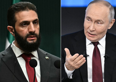 ロシアのプーチン大統領(写真右)とシリアのシャラア暫定大統領(AFP時事)