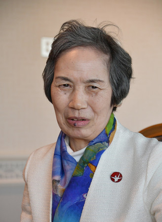 7日、米ニューヨークの国連本部で記者団の取材に応じる日本原水爆被害者団体協議会(日本被団協)の和田征子さん