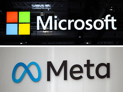 米マイクロソフト(写真上)とメタのロゴマーク(AFP時事)
