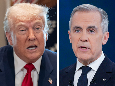 トランプ米大統領(写真左、EPA時事)とカナダのカーニー首相(AFP時事)