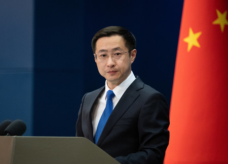 中国外務省の林剣副報道局長＝７日、北京（ＥＰＡ時事）
