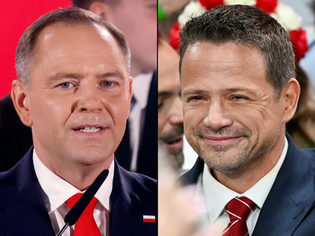 ポーランド大統領選で争う右派野党「法と正義」が支援するナブロツキ氏（左）と、与党の中道「市民プラットフォーム」が擁立したチャスコフスキ氏（ＡＦＰ時事）