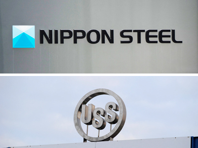 日本製鉄(写真上)と米USスチールのロゴマーク(いずれもAFP時事)