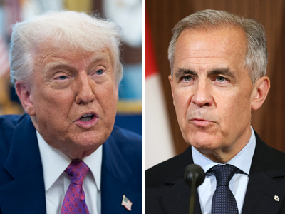 トランプ米大統領（写真左、ＥＰＡ時事）とカナダのカーニー首相（ＡＦＰ時事）