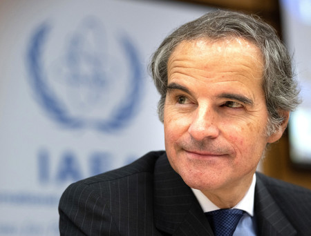 9日、ウィーンで国際原子力機関(IAEA)の定例理事会に出席するグロッシ事務局長(AFP時事)