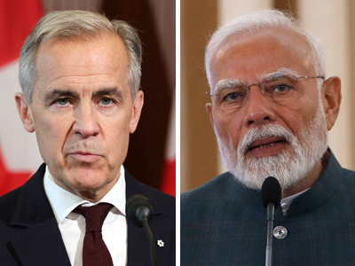 カナダのカーニー首相(写真左、AFP時事)とインドのモディ首相(EPA時事)