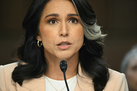 米上院公聴会で証言するギャバード国家情報長官=3月25日、ワシントン(AFP時事)