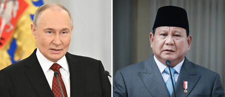 ロシアのプーチン大統領(写真左)とインドネシアのプラボウォ大統領(AFP時事)