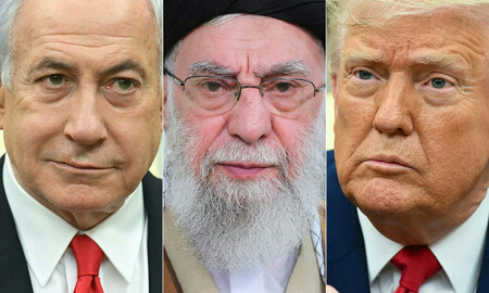 イスラエルのネタニヤフ首相（左）、イラン最高指導者ハメネイ師（中央）、トランプ米大統領（右）（ハメネイ師はイラン最高指導者ウェブサイトより、ＡＦＰ時事）