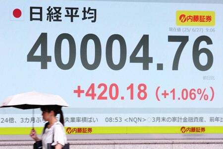 5カ月ぶりに4万円台を回復した日経平均株価を示すモニター=27日午前、東京都中央区