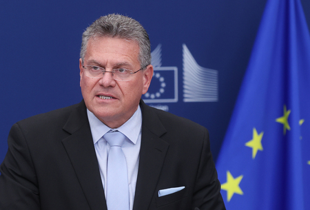 欧州連合（ＥＵ）のシェフチョビッチ欧州委員（通商・経済安全保障担当）＝６月３０日、ベルギー・ブリュッセル（ＥＰＡ時事）