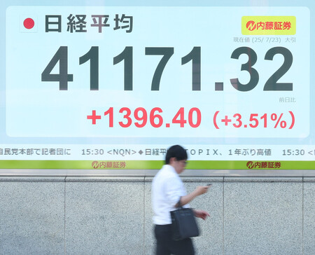 日経平均株価の終値を示すモニター=23日午後、東京都中央区