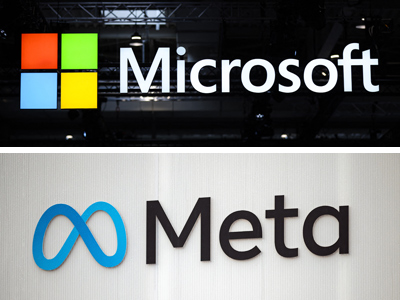 米マイクロソフト（写真上）とメタのロゴマーク（いずれもＡＦＰ時事）