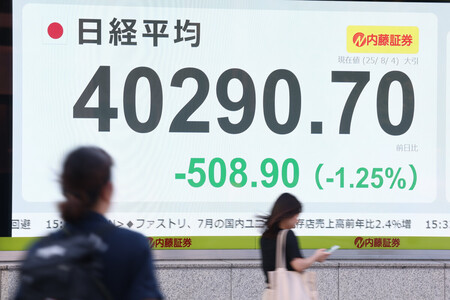 前週末終値比508円90銭下落した日経平均株価の終値を示すモニター=4日午後、東京都中央区