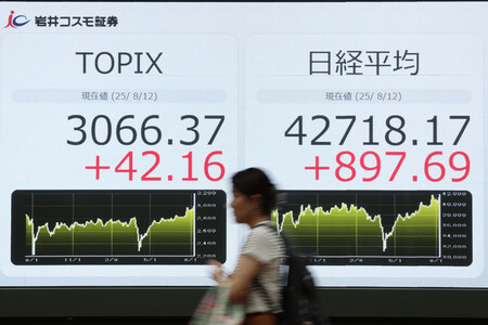 史上最高値を更新した日経平均株価とTOPIXを示すモニター=12日午後、東京都中央区
