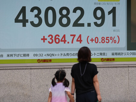 初めて4万3000円台を付けた日経平均株価を示すモニター=13日午前、東京都中央区