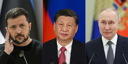 （左から）ウクライナのゼレンスキー大統領、中国の習近平国家主席、ロシアのプーチン大統領（ＡＦＰ時事）