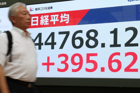 前日に付けた過去最高値を更新した日経平均株価の終値を示すモニター＝１２日午後、東京都中央区