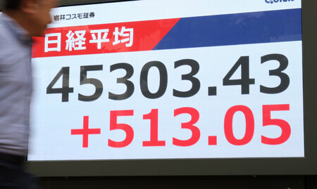 史上最高値を更新した日経平均株価の終値を示すモニター＝１８日午後、東京都中央区