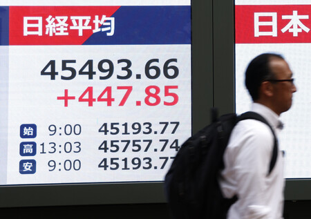 史上最高値を更新して取引を終えた日経平均株価を示すモニター=22日午後、東京都中央区
