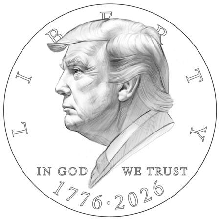 トランプ米大統領の肖像があしらわれた1ドル記念硬貨の図案(米政府高官のXより・時事)