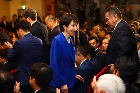 4日、東京都内で自民党新総裁に選出された高市早苗前経済安全保障担当相(EPA時事)