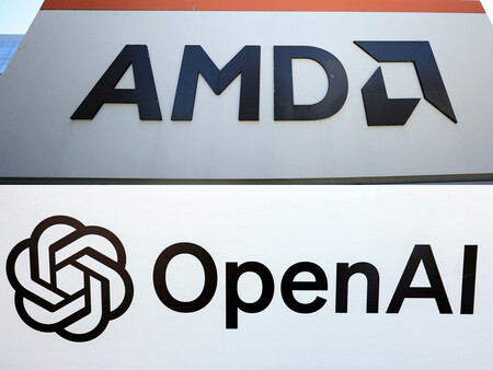 米半導体大手アドバンスト・マイクロ・デバイシズ(AMD)(上、2022年5月)と米オープンAI(23年6月)のロゴマーク(AFP時事)