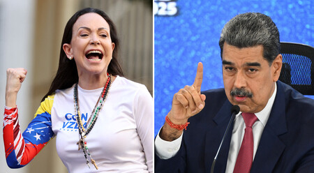 ベネズエラの反体制派指導者マリア・マチャド氏(左)とマドゥロ大統領(AFP時事)